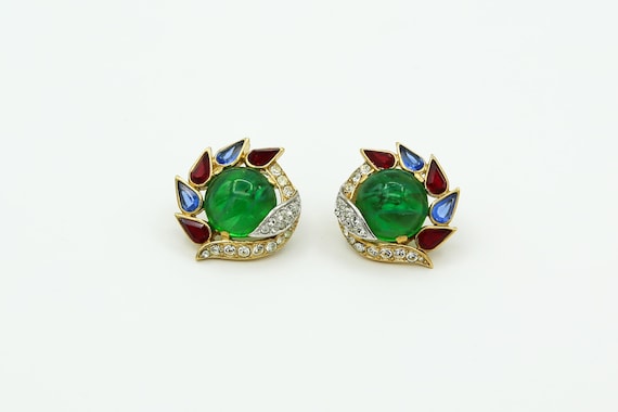 Vintage 1965 Crown Trifari Jewels of India Pierced Earrings | Alfred Philippe | Faux Emerald Pavé Crystal | Gold Plated