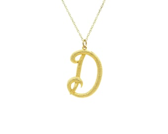 Vintage Large Gold Initial Letter D Pendant Charm Necklace Bling Gold Tone Chain