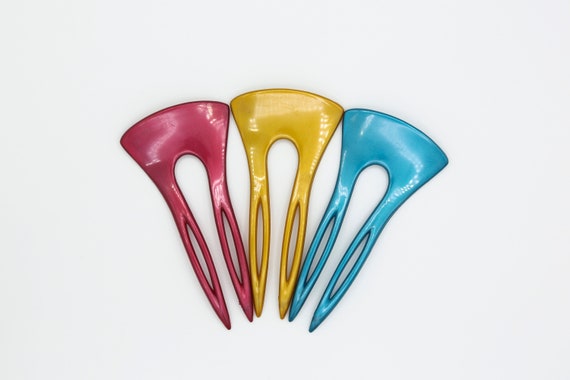 Vintage Hair Pins NOS Yellow Gold Teal Aqua Blue Fuchsia Pink Plastic Hair Pick Comb