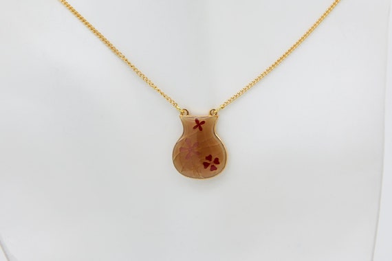 Vintage Enameled Metal Flower Vase Pendant Necklace Gold Plated Chain Peach Pink
