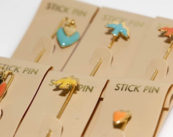 Vintage Enameled Stick Pin: Hearts and Birds Hat Pin - NOS Carded