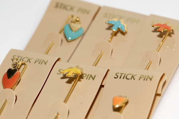 Vintage Hearts And Birds Stick Pins NOS Carded Hat Pins Dove Pink Blue Coral Enameled Metal Lapel Pin Brooch