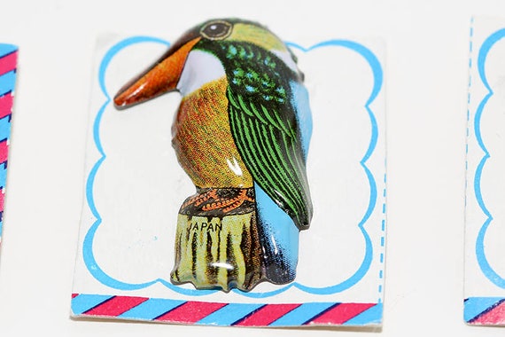 Vintage Tin Bird Pins Hollow NOS Original Cards GREEN