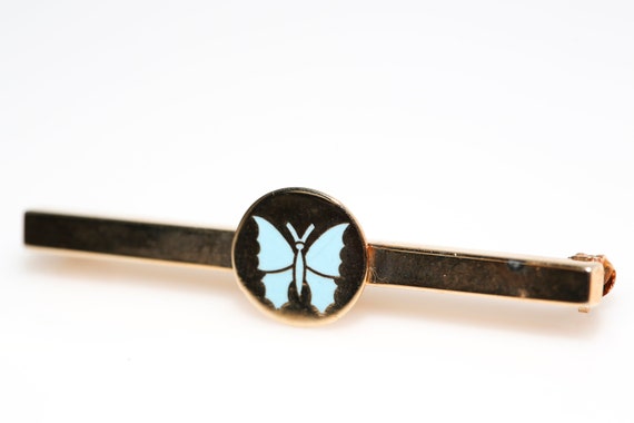 Vintage Gold Tone Blue Butterfly Pin NOS Dainty Bar Pin 1980s Brooch