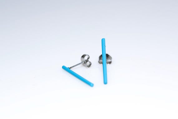 Vintage 1980s Teal Stick Earrings NOS Metal Pierced Minimalist Retro
