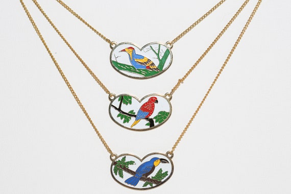 Vintage Enameled Bird Necklaces - NOS Blue Bird Tropical Pendant Charm