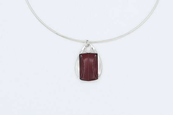 Vintage Sarah Coventry 1977 NEW IMAGE DROP Choker Hoop Wire Necklace Silver Tone Red Brown Pendant Rare!
