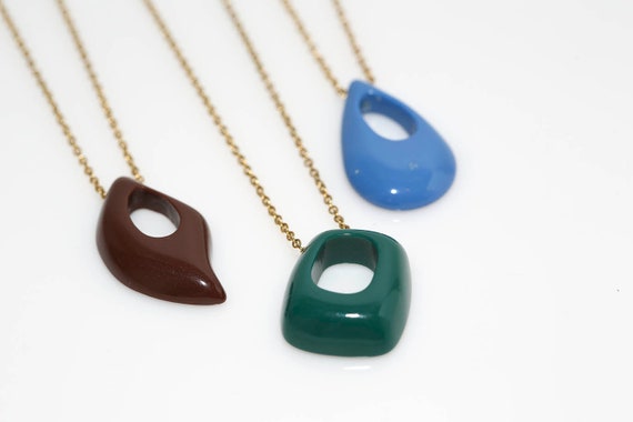 Vintage Multi Colored Open Drop Necklaces NOS Plastic Lucite Pendant Necklace Gold Tone Chain Retro Mod