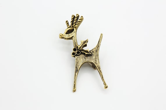 Vintage Mid-Century Reindeer Brooch: Christmas Holiday Antiqued Gold Tone Pin NOS