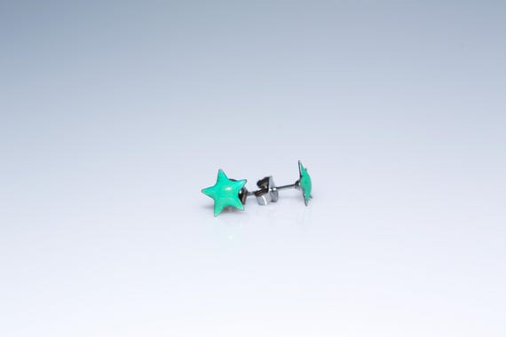 Vintage Mint Teal Green Enameled Star Stud Earrings NOS Tiny Minimalist Studs