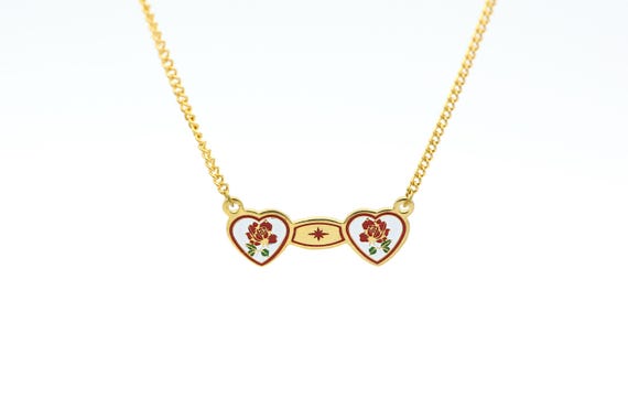 Vintage Enameled Rose Hearts Necklace: Dainty Gold Plated Red Flower Charm Pendant