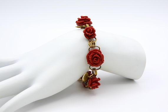 Vintage Ross Simons Italian Resin Rose Bracelet in 18k Gold Over Sterling Silver Red Flower Bracelet NIB