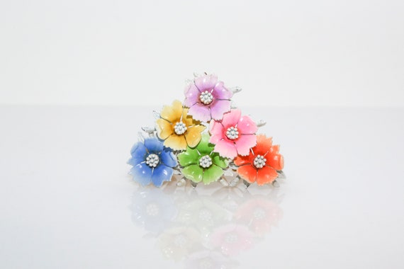 Vintage Enameled Metal Flower Rings NOS Blue Green Orange Pink Yellow Purple