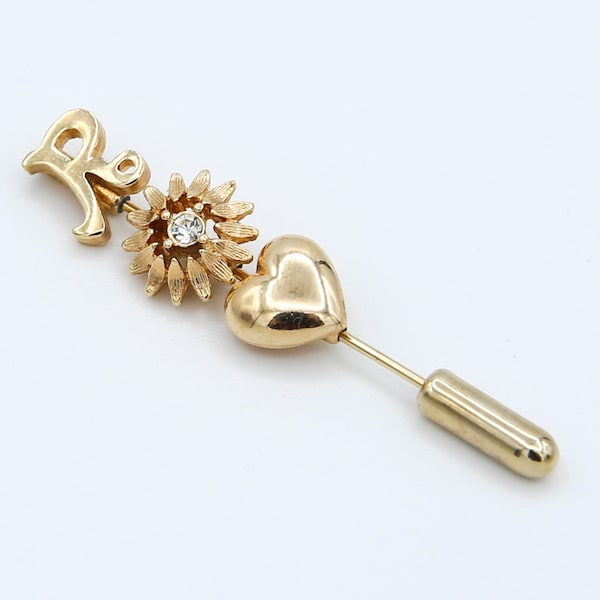 1978 Sarah Coventry CHANGING TIMES Stick Pin Brooch Gold Tone Initial Heart Flower RARE Vintage 70s