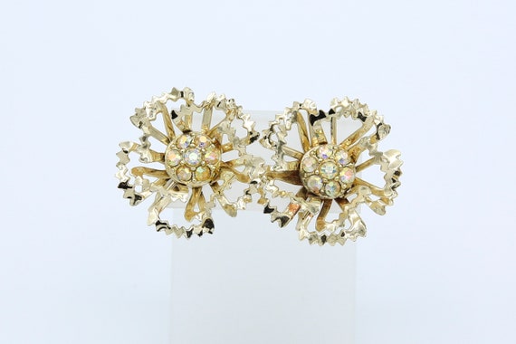 Vintage 1968 Sarah Coventry ALLUSION Earrings Gold Tone Iridescent Rhinestone Flower Clip On Rare!