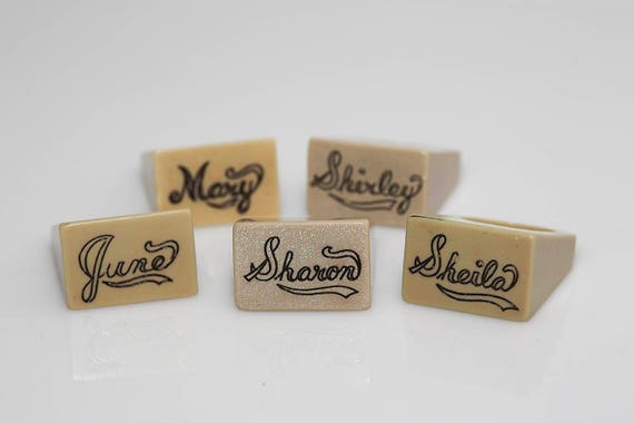 Vintage Name Rings - NOS Antique Plastic Sharon Sheila June Mary Shirley Scrimshaw Ring