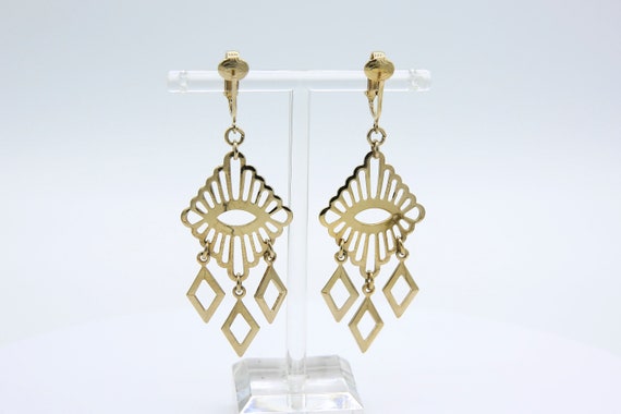 Vintage 1974 Sarah Coventry MANDARIN MAGIC Earrings Gold Tone Dangle Drop Clip On Rare!