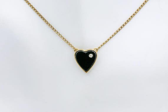 Vintage Sarah Coventry 1976 CUPID'S TOUCH Necklace Gold Tone Crystal Rhinestone Black Heart Pendant Rare Valentine Gift
