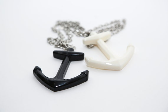 Vintage Black & White Anchor Necklaces NOS Nautical Plastic Anchor Pendants Large Statement