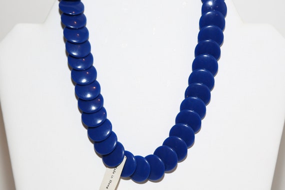 Vintage Blue Lucite Disk Necklace - NOS Retro Mod Plastic Round Beads Genuine Lucite Tag