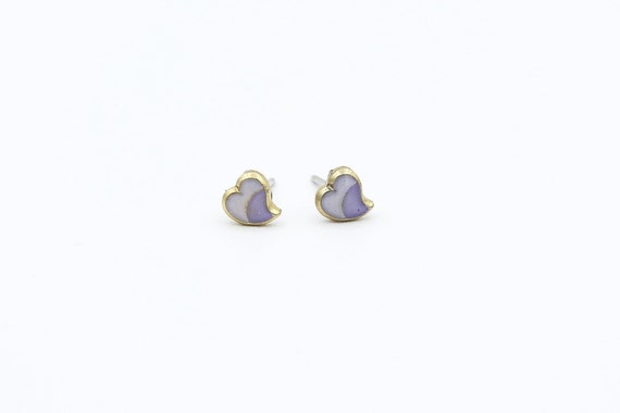 Vintage TEENY TINY HEART Enameled Metal Stud Earrings Purple Miniature Minimalist Love Valentine's Day