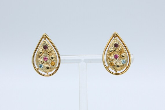 Vintage 1970 Sarah Coventry SARA-ZADE Gold Tone Clip Earrings Teardrop Multi Rhinestone Rare!