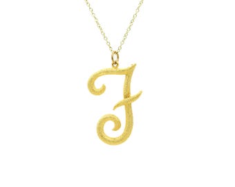 Vintage Large Gold Initial Letter F Pendant Charm Necklace Bling Gold Tone Chain