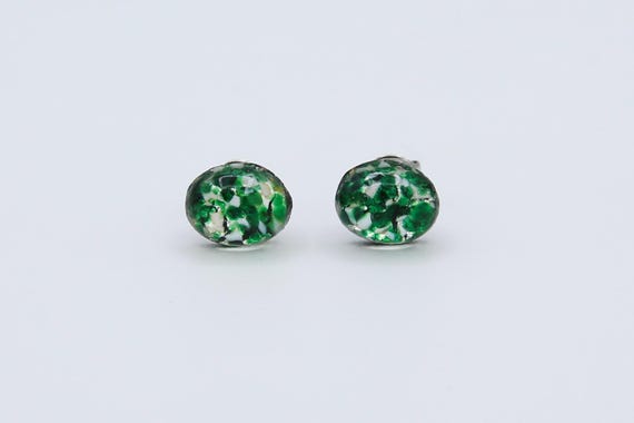 Vintage Small Green Confetti Stud Earrings Pierced Oval Glitter Studs Resin Earrings