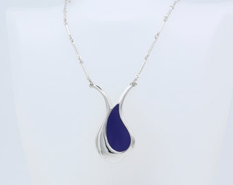 Vintage Sarah Coventry 1979 DANISH MOOD Necklace Silver Tone Chain Blue Teardrop Pendant Drop Rare!