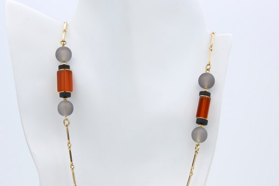 Vintage 1978 Sarah Coventry MONTERREY Beaded Necklace Gold Tone Gray Orange Black Long Rare