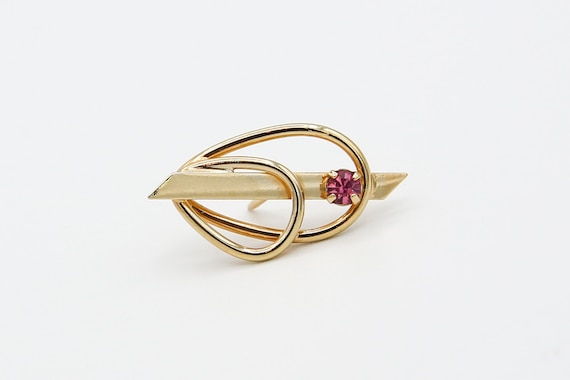 1980 Sarah Coventry "Timely Twist" Tac Pin Brooch Gold Tone Pink Rhinestone RARE Vintage 80s
