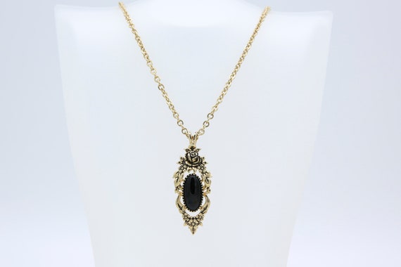 Vintage Sarah Coventry 1978 ANGELIQUE Necklace Pendant Drop Gold Tone Black Flower Floral Rare!