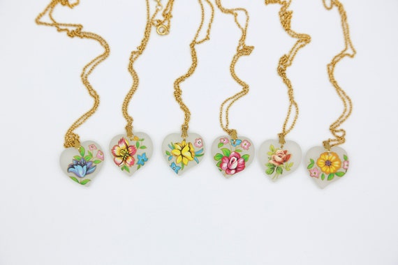 Vintage Hand Painted Frosted Hearts Necklace - Vintage NOS