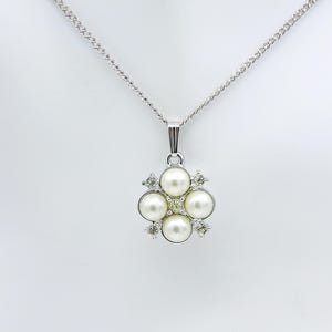 Vintage Sarah Coventry 1974 PRINCESS Necklace Silver Tone Chain Faux Pearl Rhinestone Pendant Rare Gift