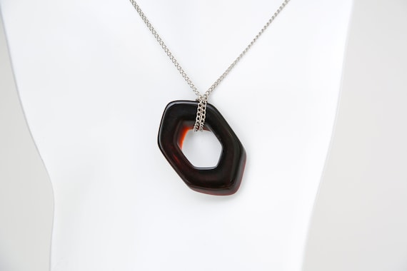 Vintage Hexagon Lucite Pendant Necklace Silver Tone Chain Unique NOS Plastic Tortoiseshell Brown Translucent Retro Drop
