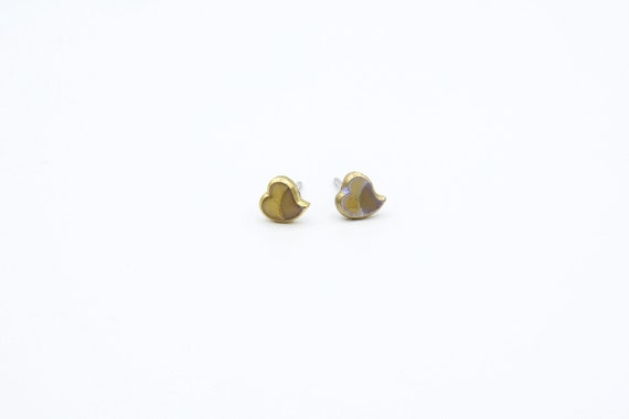 Vintage TEENY TINY HEART Enameled Metal Stud Earrings Brown Miniature Minimalist Love Valentine's Day