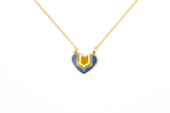 Vintage Heart Deco Enameled Metal Heart Necklaces Blue Orange Gold Tone Valentine's Day Gift
