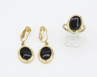Vintage 1968 Sarah Coventry JET ELEGANCE Clip On Earrings Ring Black Stone Gold Tone Set Rare!