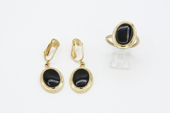 Vintage 1968 Sarah Coventry JET ELEGANCE Clip On Earrings Ring Black Stone Gold Tone Set Rare!