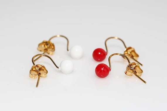 Vintage Tiny Ball Earrings Gold Tone Red White NOS Pierced Dainty