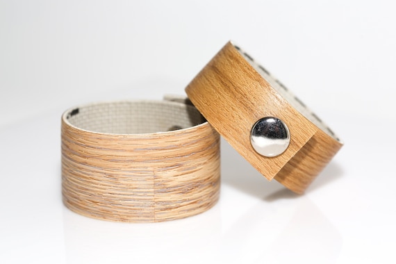 Wood Grain Snap Bracelet - Vintage NOS Plastic Fabric 1980s Faux Wood Look Wide Bangle