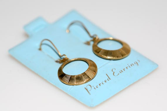 Vintage Gold Stripe Earrings NOS Circle Charm Dangle Pierced Earrings Retro