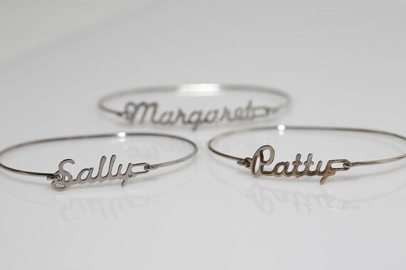 Vintage Silver Name Bracelets - NOS Bangle Cursive Names Silver Tone Sally Patty Margaret