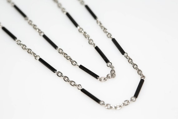 Vintage Park Lane Black Bar Necklace NOS Silver Tone Long Black Bead Necklace Chain