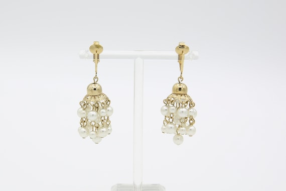 Vintage Sarah Coventry Unidentified Gold Tone Clip On Faux Pearl Tassel Earrings Rare!