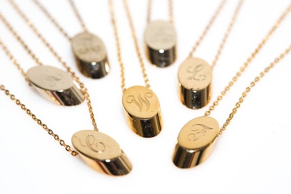Vintage Initial Slice Necklaces - Letter Alphabet Script Engraved Pendants