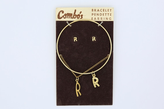 Gold Initial Jewelry Set – Vintage NOS Letter R Alphabet Bracelet Necklace Earrings
