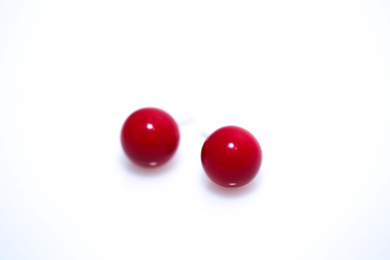 Vintage Plastic Red Dot Earrings Studs Sphere Pierced Ears 1980s NOS
