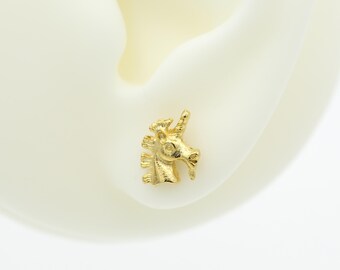 Vintage Unicorn Stud Earrings - Tiny Right Facing NOS Gold Tone