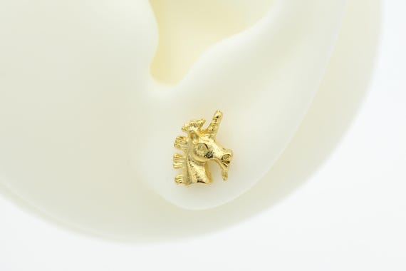 Vintage Unicorn Stud Earrings - Tiny Right Facing NOS Gold Tone